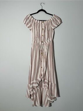indulge Cream and Brown Striped High-Low Off-Shoulder Dress Size S
